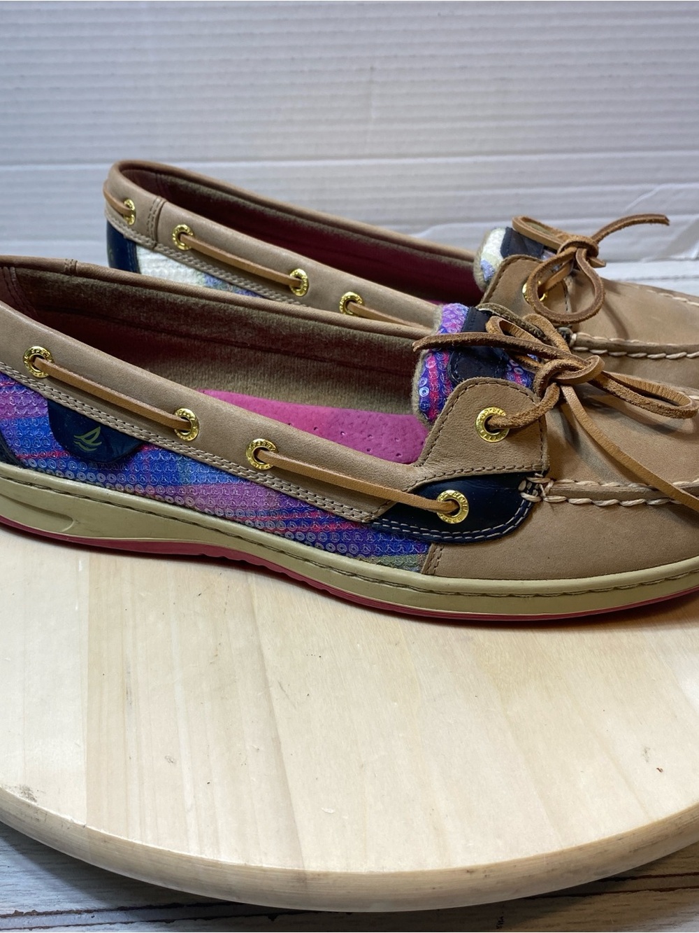Sperry Top-Sider Women’s Size 10M Boat Shoes Leather Fabric Sequins Plaid Brown